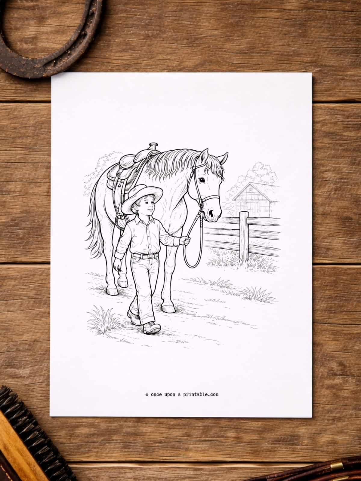 Little boy leading his horse coloring page. 