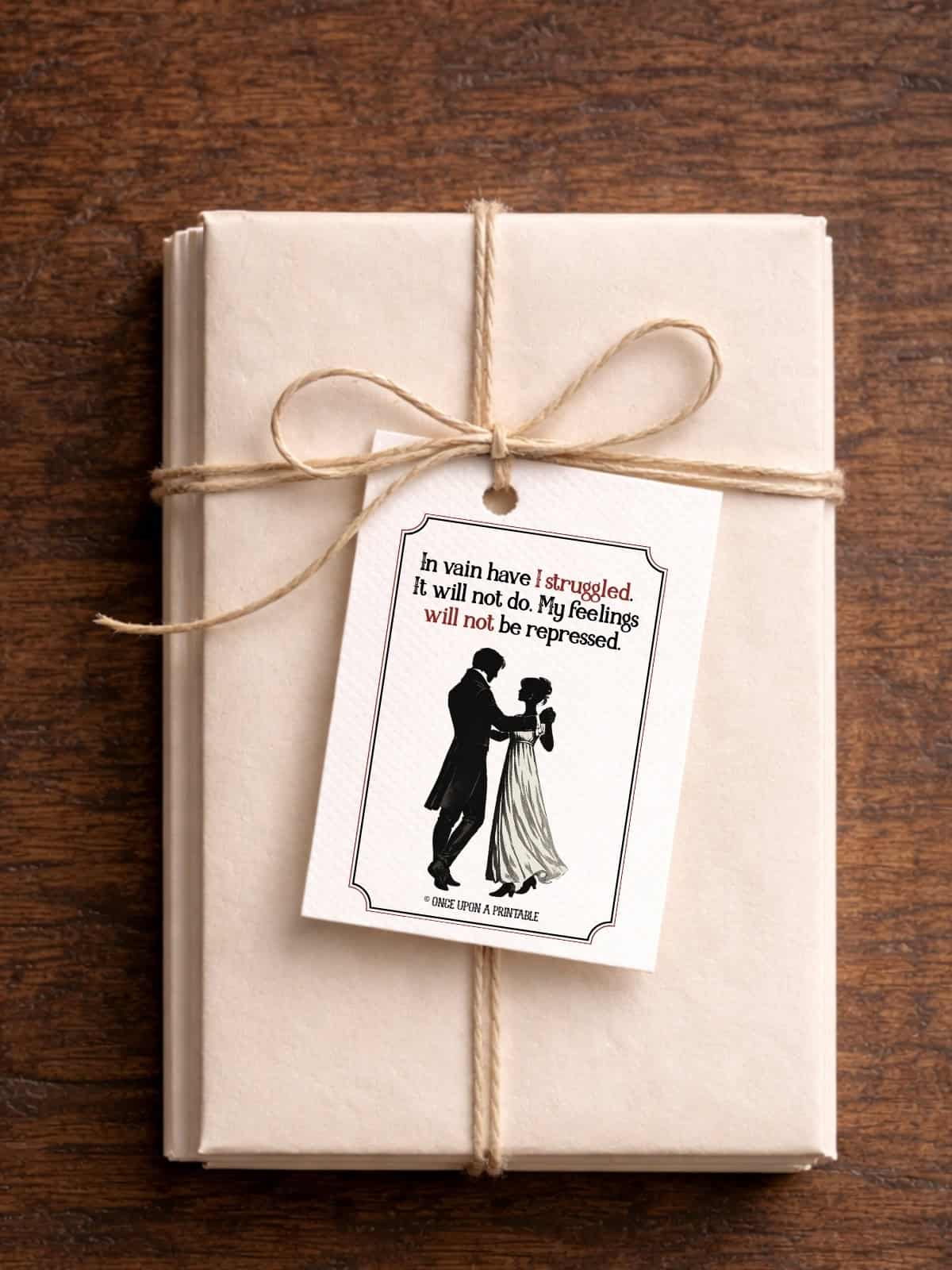 Pride and Prejudice Valentines as a gift tag on a stack of letters. 