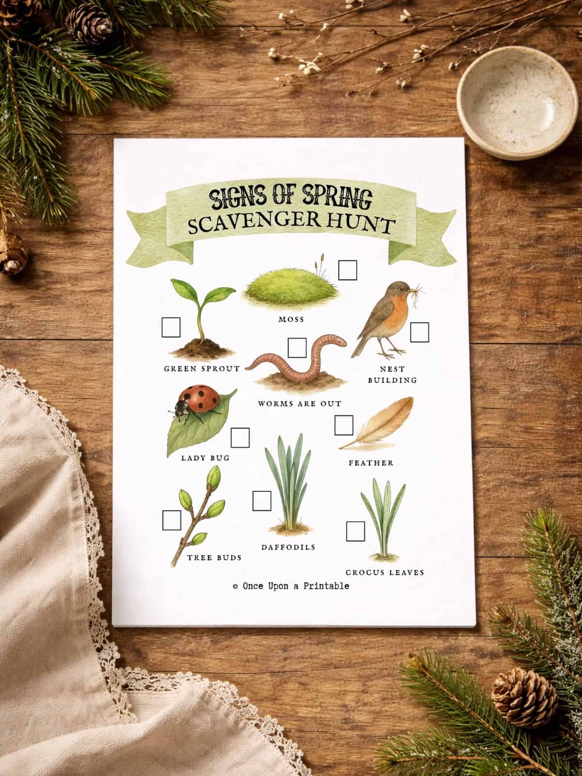 Signs of spring scavenger hunt printable activity for kids.
