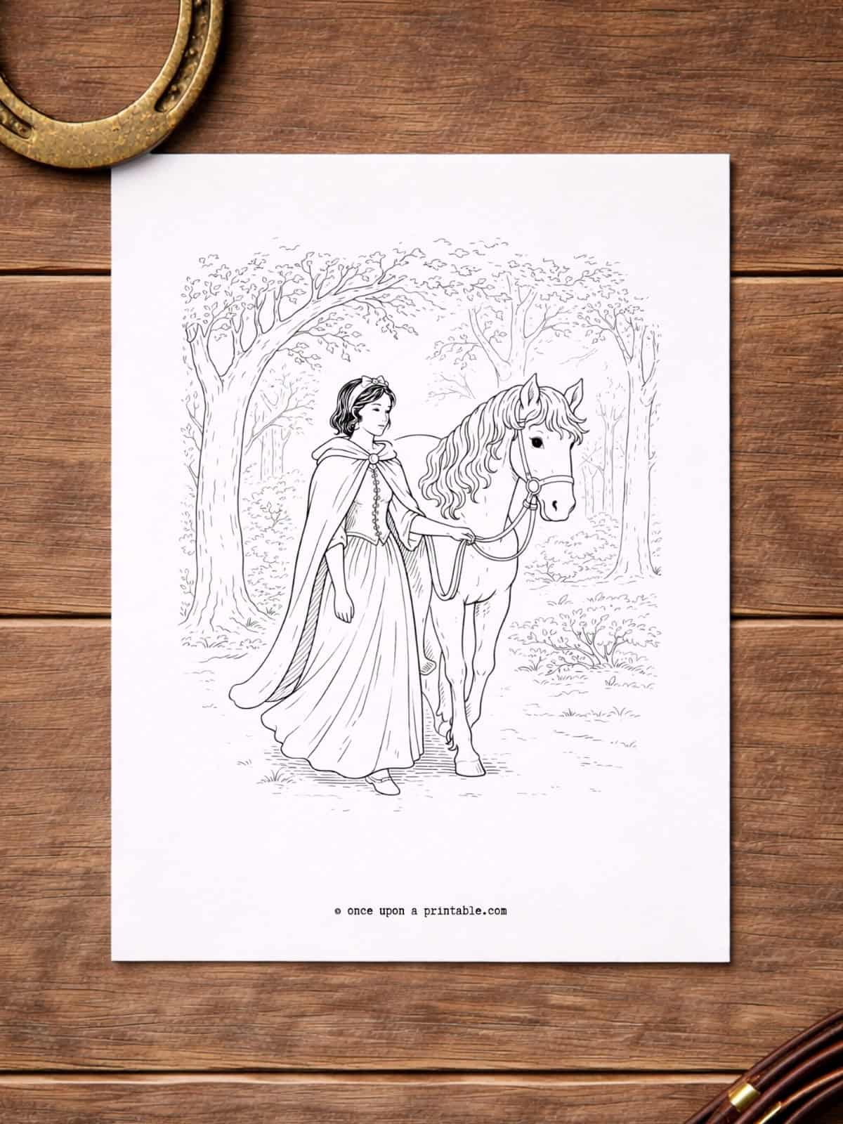 Snow White and horse coloring page for kids. 