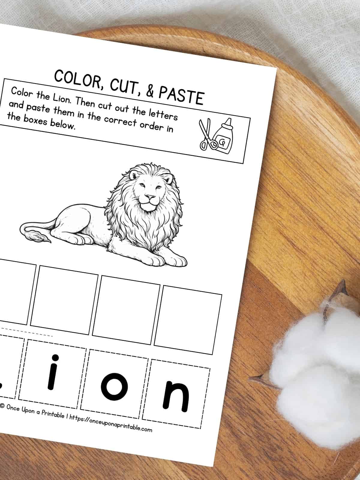 Color, cut, and paste, for letter L worksheets.