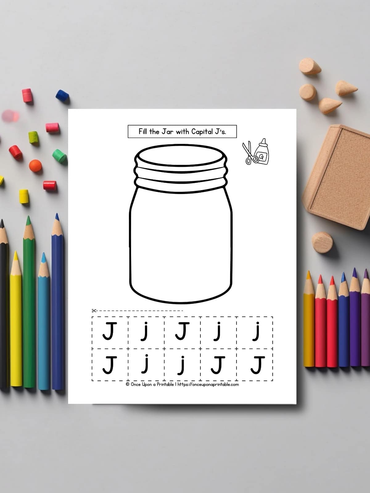 J is for jar coloring page with cut out letter in capital and lowercase. 