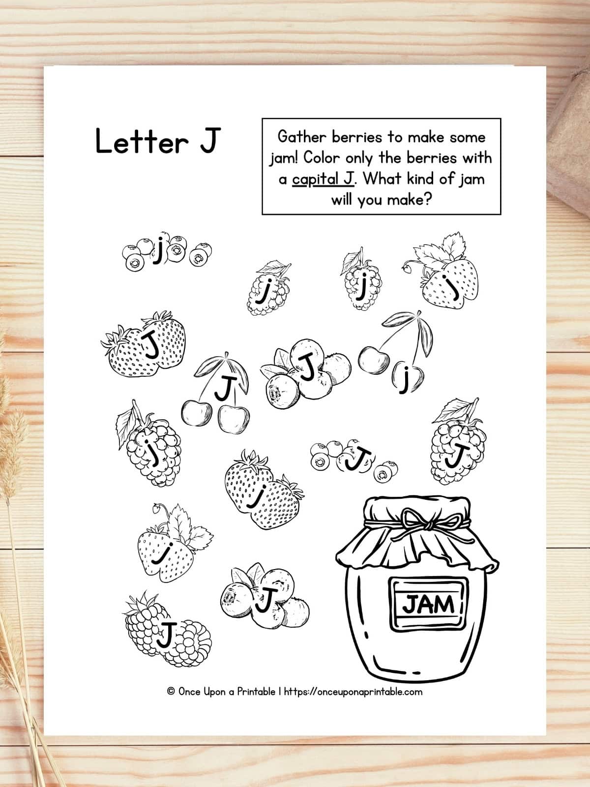 Letter J activity page with Jam and fruit.
