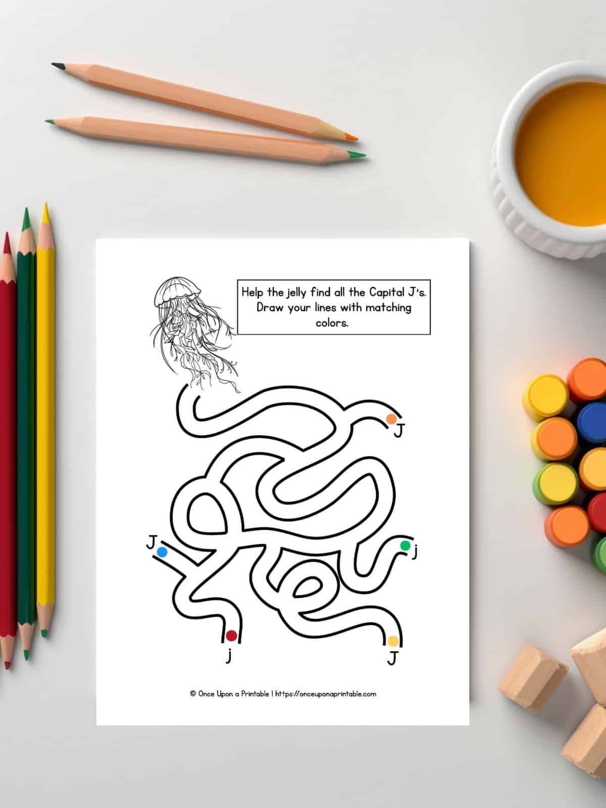 Line tracing practice for Letter J. 