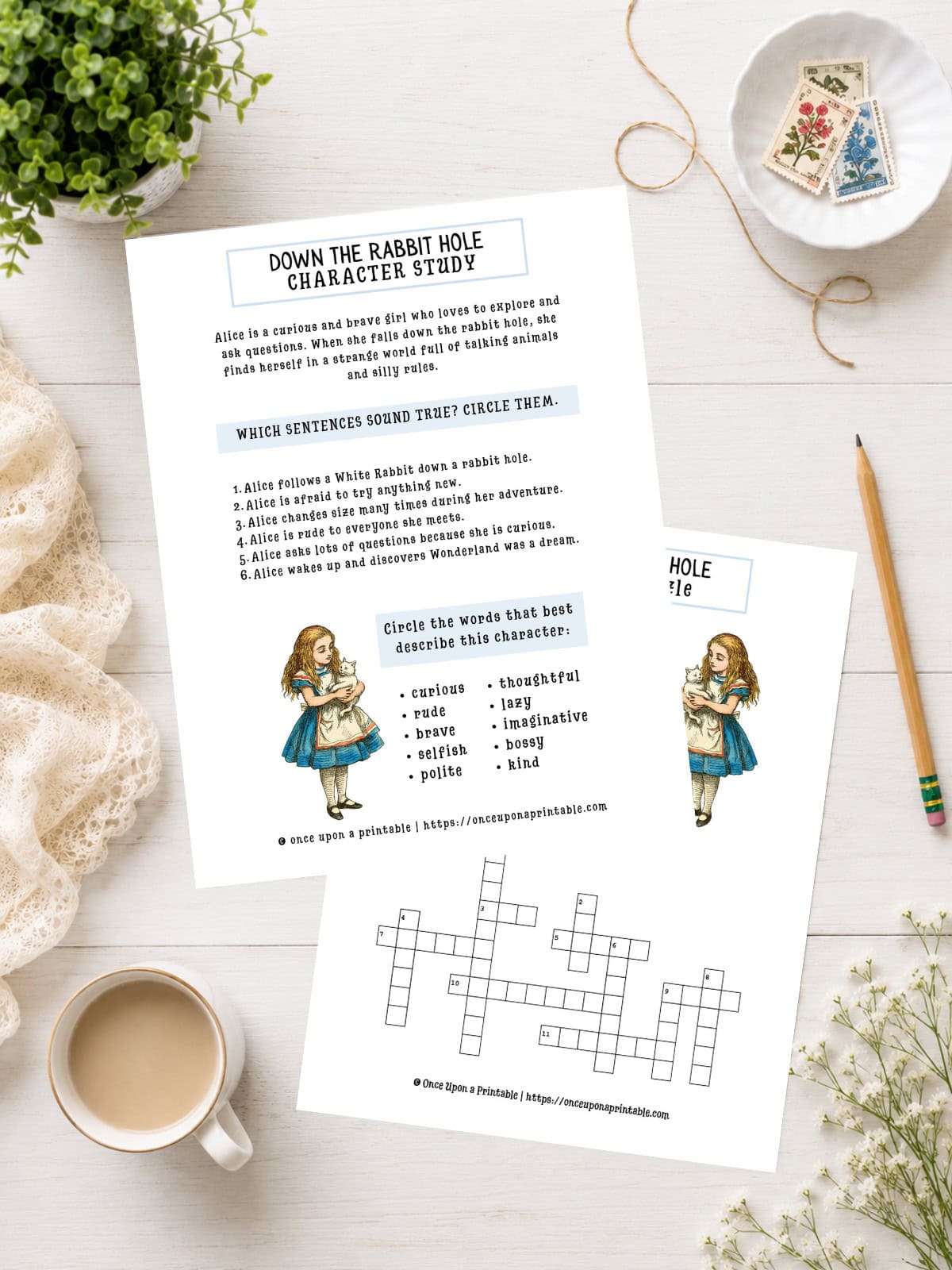 Alice's Adventures in Wonderland storybook guide worksheets.