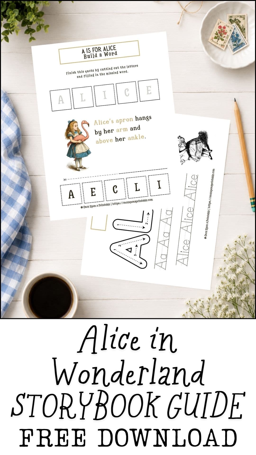 Alice's Adventures in Wonderland storybook guide worksheets.
